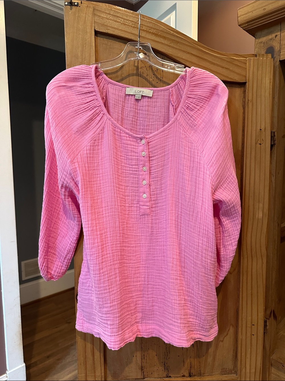 LOFT Pink Textured Button-Front Gauze Henley Top